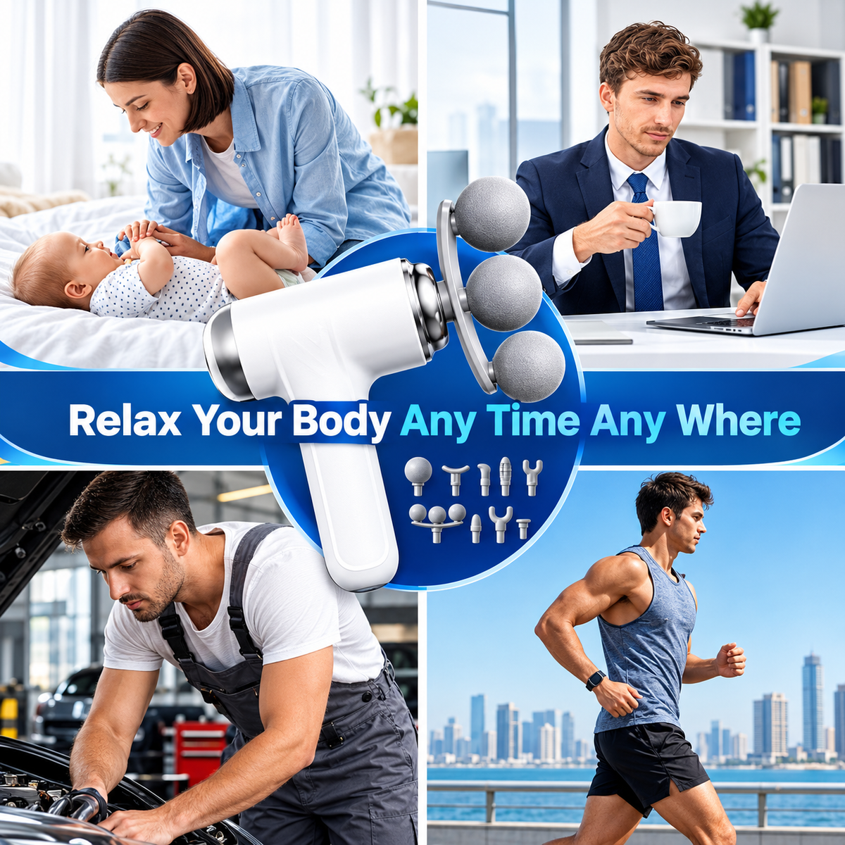 9-Head Electric Massage Gun – 6-Speed Deep Tissue Muscle Massager with USB Charging