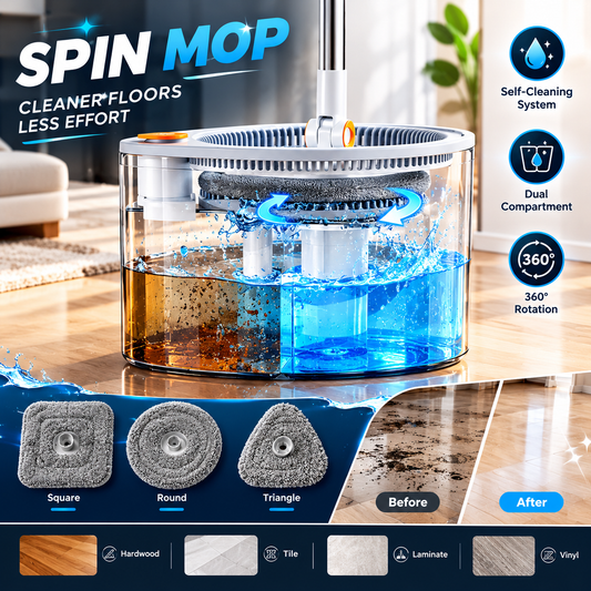 3-in-1 Spin Mop & Bucket Set – Self-Cleaning Dual-Compartment System with 3 Mop Heads