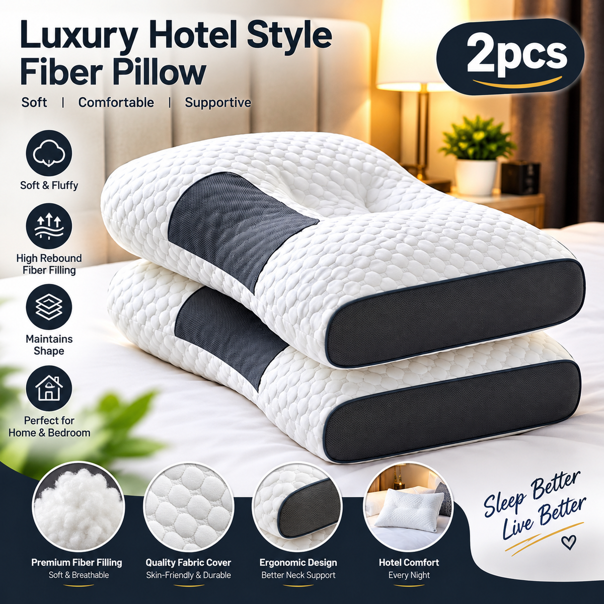 Premium Hotel Pillow – Fluffy High-Rebound Fiber Pillow for Home & Bedroom