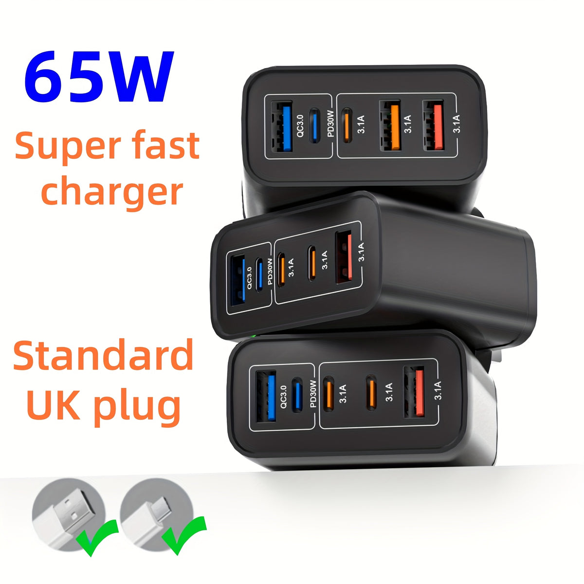 65W Fast Charger Adapter – 5-Port USB & USB-C PD/QC Quick Charging UK Plug