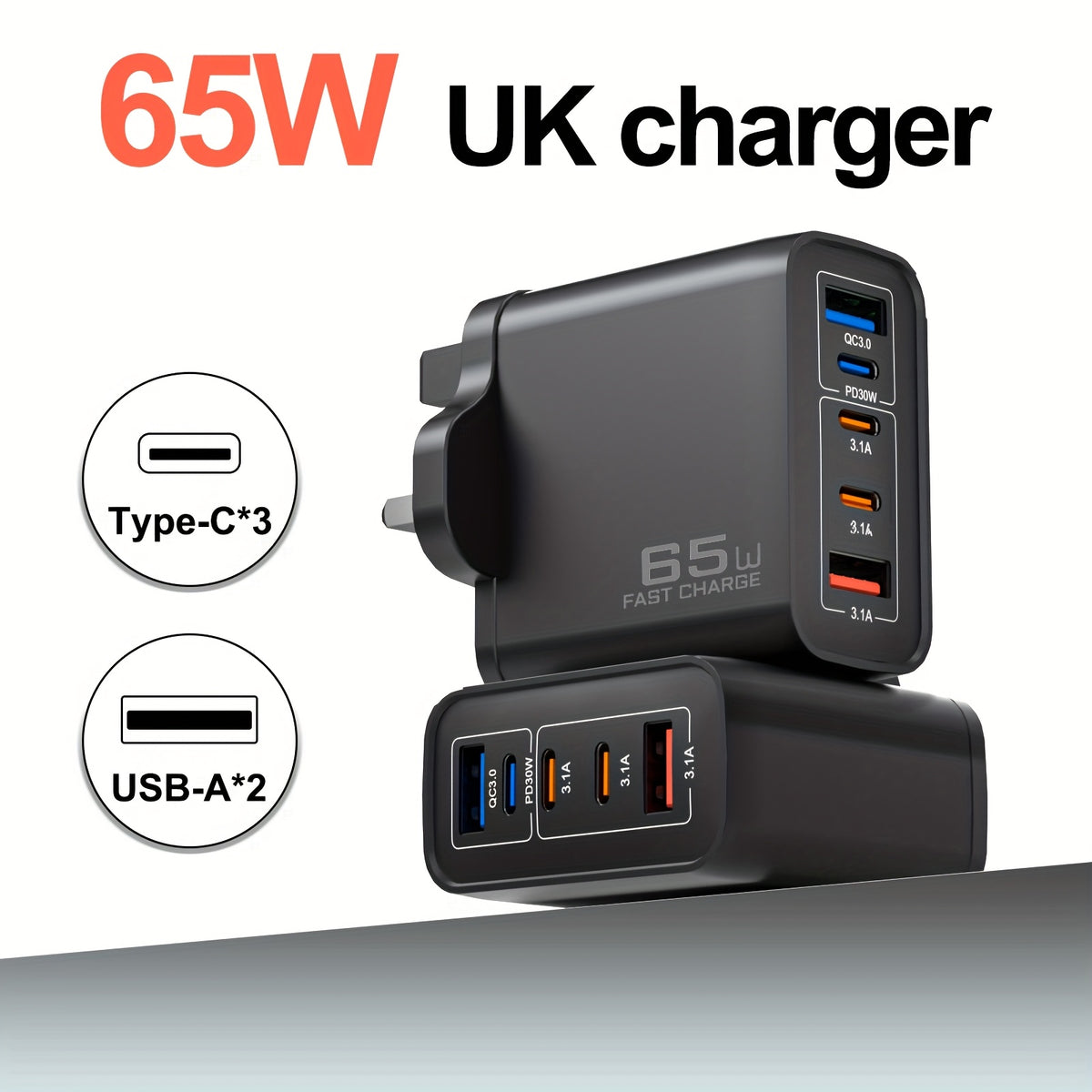 65W Fast Charger Adapter – 5-Port USB & USB-C PD/QC Quick Charging UK Plug